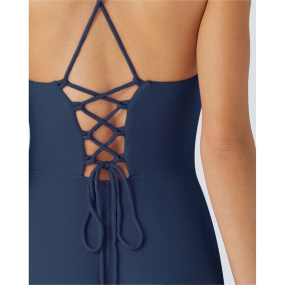 Halara Ribbed Cowl Neck Backless Crisscross Lace Up Split Midi Party Dress Sz Me - Picture 4 of 12